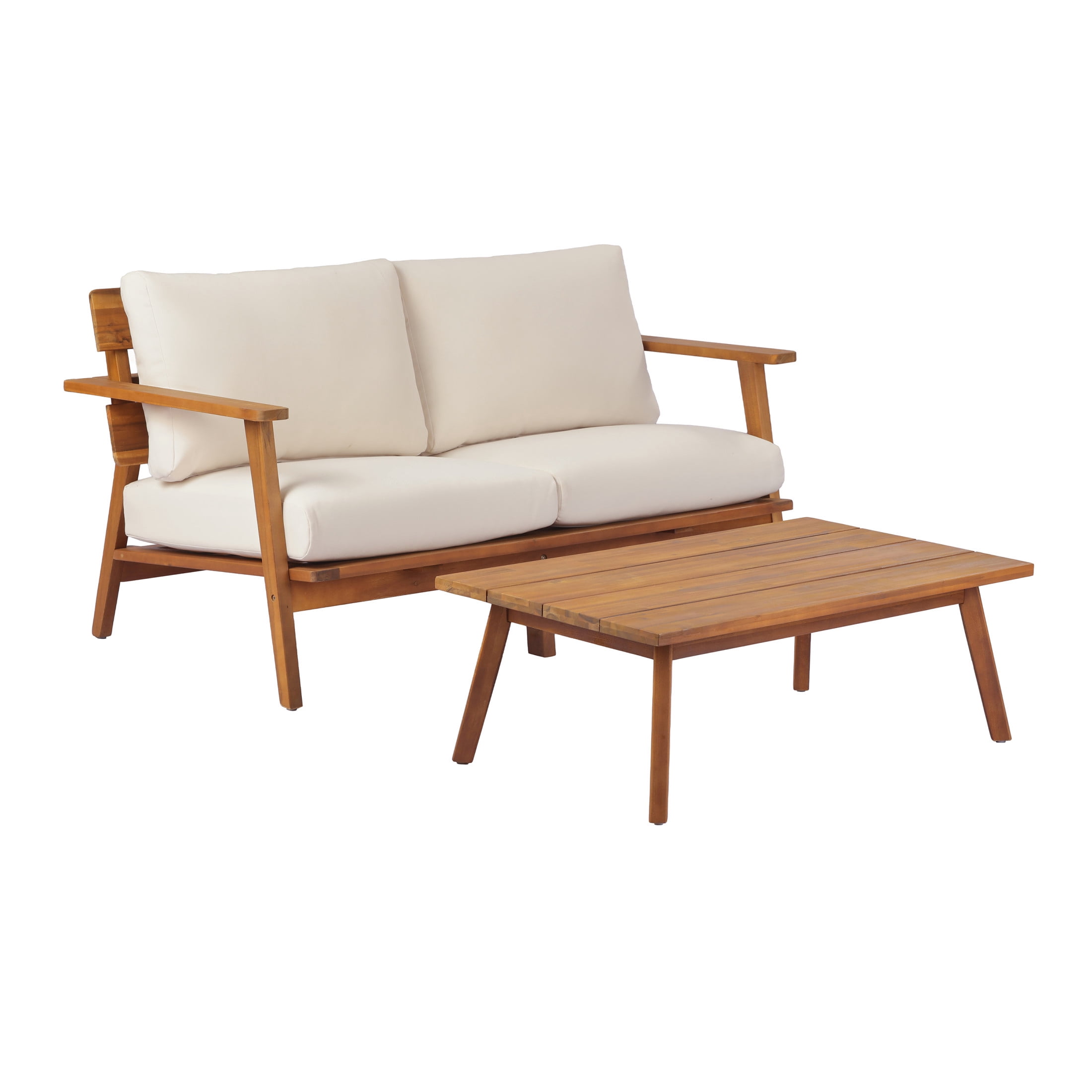 Christopher Knight Home 2-Piece Mid-Century Patio Chat Set, Wooden Loveseat and Coffee Table, Teak+Beige