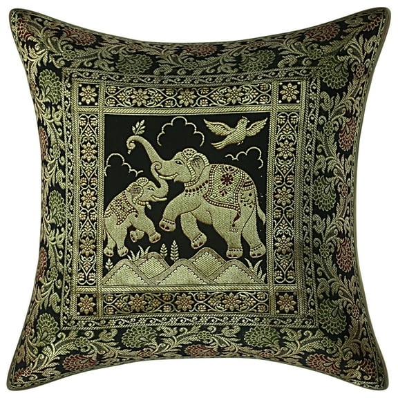 Stylo Culture Indian Sofa Throw Pillow Cover 16x16 Jacquard Black Traditional 40x40 cm Bedroom Decor Pillowcase Brocade Elephant Zippered Square Cushion Cover | 1 Pc
