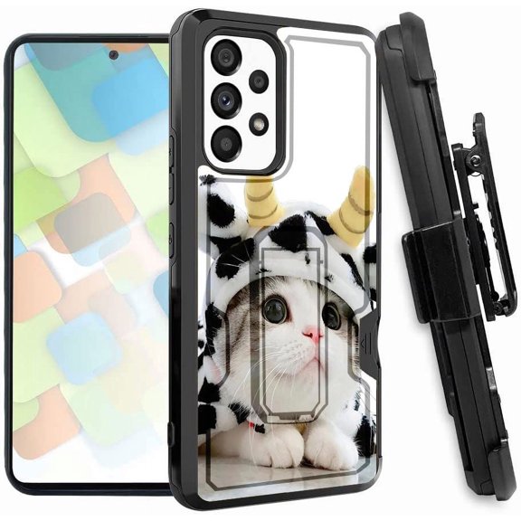 ANJ  Rugged Dual Layered Holster Case w/Kickstand, Card Slot Case   Tempered Glass Cover for Samsung Galaxy A53 5G - Kitten in Cow Costum