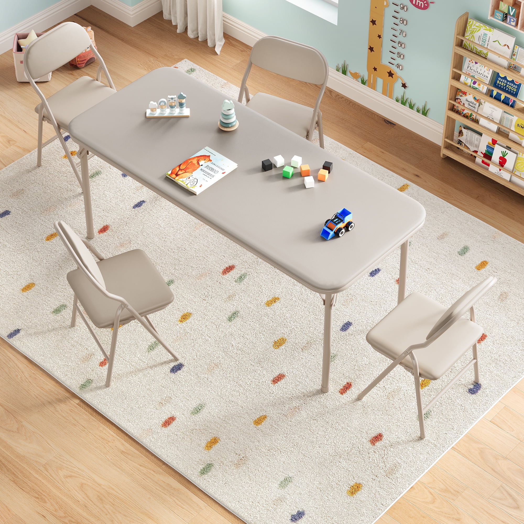 Towallmark 5-Piece Kids Activity Table and Chair Set, Folding Preschool Furniture, Collapsible for Study Room, Dining Room, Daycare, Beige