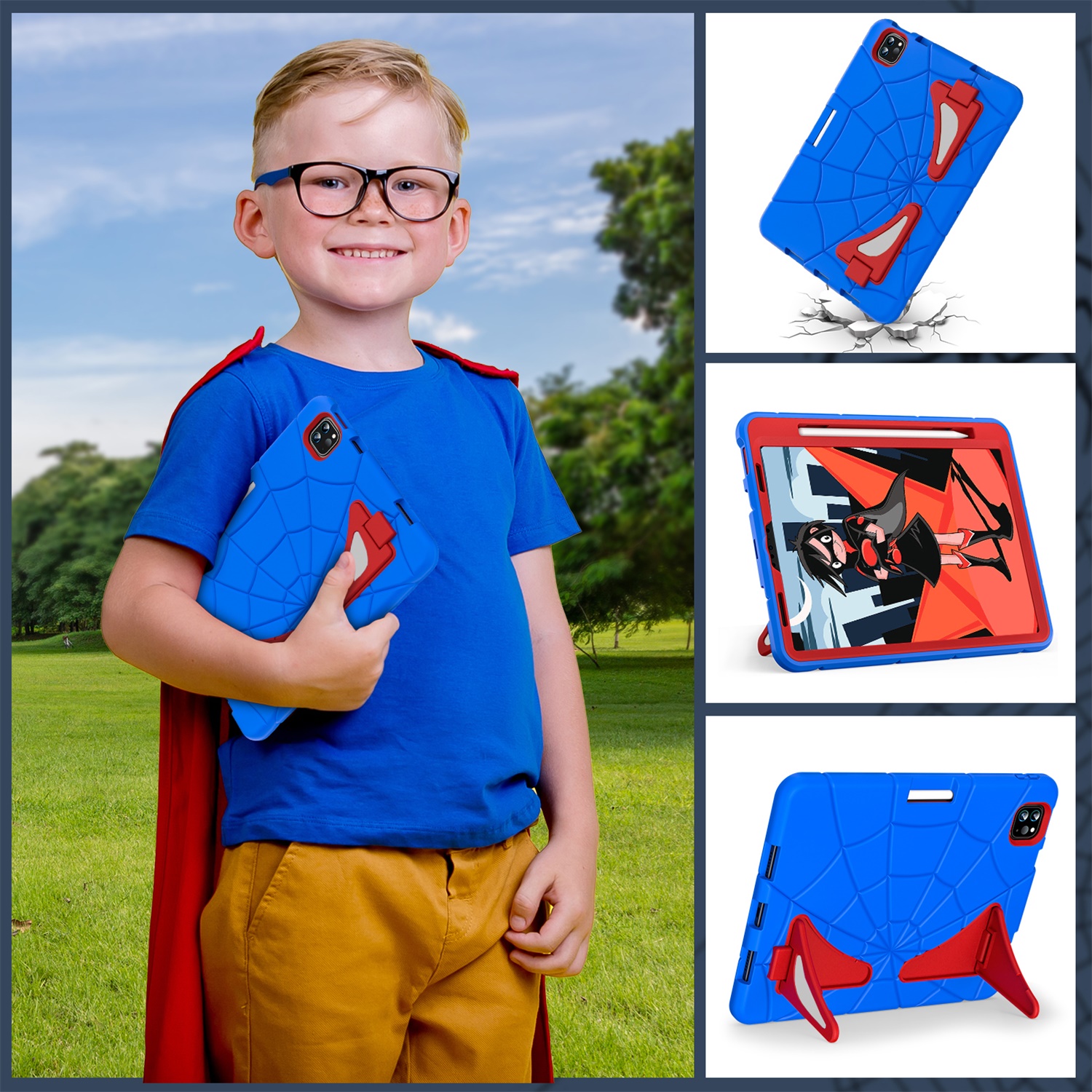 Kids Case for iPad 9th/8th/7th Generation with Pencil Holder, Lightweight Shockproof Stand Anti-Slip Rugged Silicone PC Case Cover for iPad 10.2" 2021/2020/2019 for Boys Girls, Blue+Red