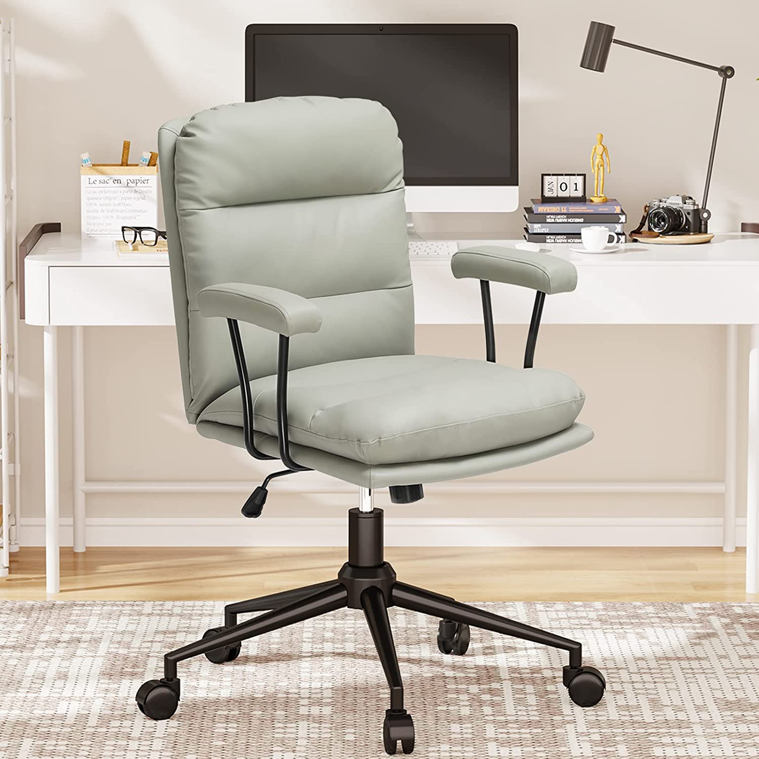 DICTAC Leather Office Chair Mid Century Desk Chair, Home Office