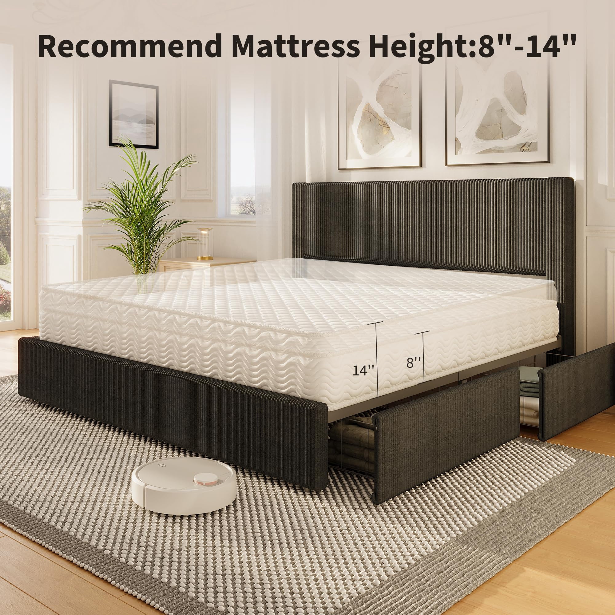 Huisuilinss Queen Size Bed,Full Size Upholstered Platform Bed Frame With Tufted Wingback Headboard,King Bed Frame With 4 Storage Drawers And Wooden Slats Support,No Box Spring Needed