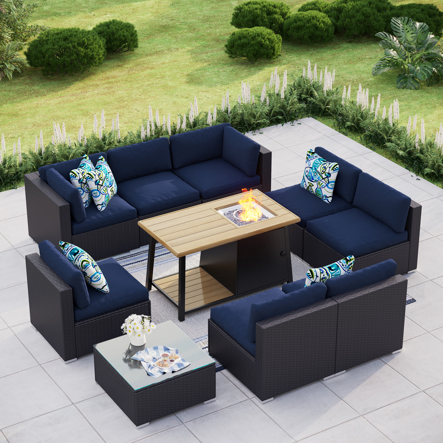 MF Studio 10 PCS Outdoor Patio Furniture Set with 46" 50,000 BTU Fire