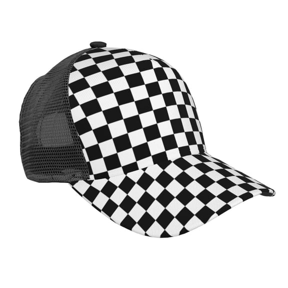 Curved Trucker Hat Checkerboard Black And White Adjustable Mesh Back Baseball Snapback Cap For Men