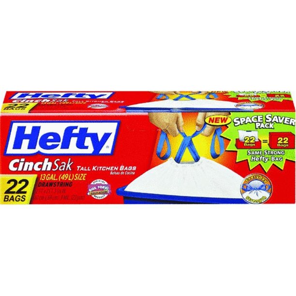 Hefty 13 Gallon CinchSak Drawstring Tall Kitchen Trash Bags, 22 Pack