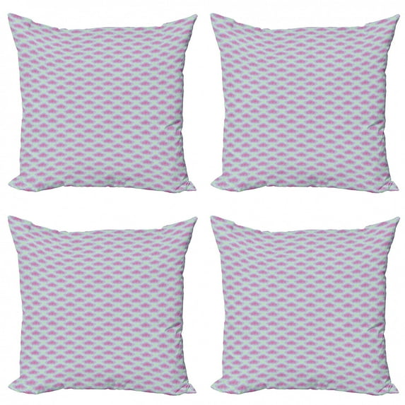 Abstract Throw Pillow Cushion Case Pack of 4, Grunge Style Print of Retro Funky Geometric Clouds, Modern Accent Double-Sided Print, 4 Sizes, Pink Green, by Ambesonne