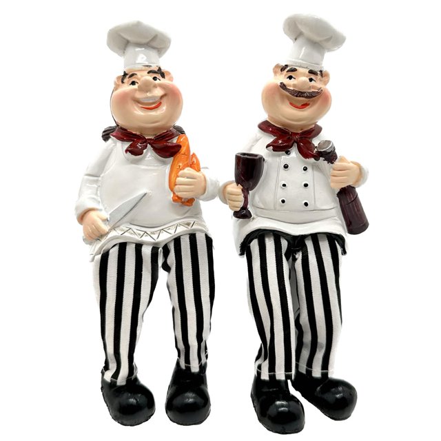 Juego de 2 figuras de chef para decoración del hogar, pan y vino con patas colgantes, estatuas para estantes de cocina, armario, encimera, alféizar de ventana