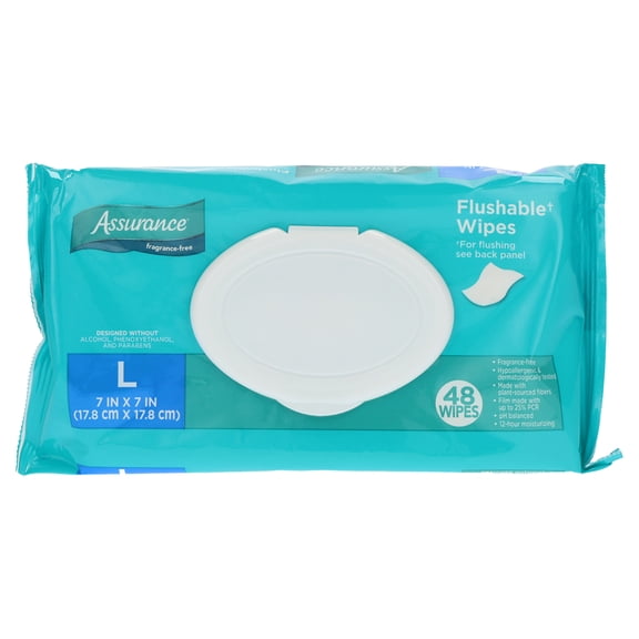 Assurance Large Flushable Wet Wipes, Fragrance Free, 48 Count