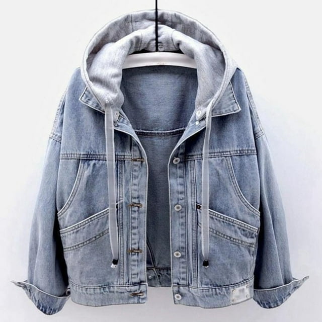 TINZ Women's Fashionable Denim Jacket With Large Pockets And Hooded Design Denim Jacket Denim