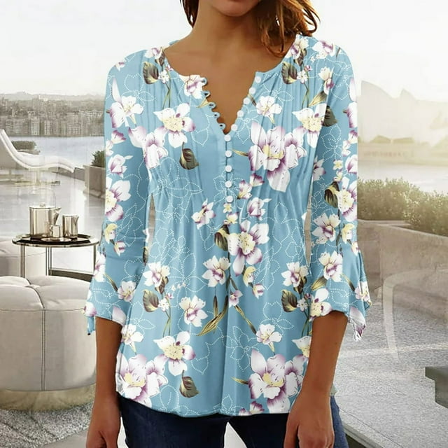 T-Shirt à Manches Courtes à Col en V à Imprimé Floral pour Femmes Coffee L