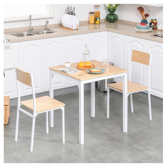 3-Piece Dining Table Set, Wooden Square Kitchen Table with 2 Chairs, White Finish, Metal Frame, Small Space, Apartment Dining
