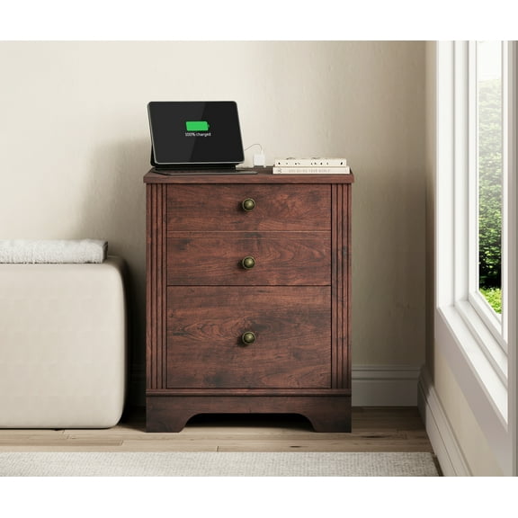 2-Drawer Nightstand with Charging Station, Wood Walnut Brown Bedside Storage Table, Mid Century Side End Table for Bedroom Living Room, 15.5" D x 18.8" W x 23" H