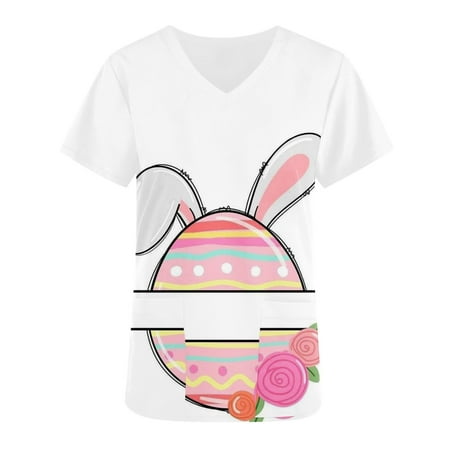 

LWZWM Jogger Scrubs for Women V Neck T Shirt Short Sleeve Tops Easter Day Tee Pocket Blouse Easter Eggs Shirt Rabbit Scrubs White M