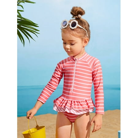 

Toddler Girls Striped Zip Front Tiered Ruffle Hem One Piece Swimsuit Swimwear S221904X Multicolor 100(3-4Y)
