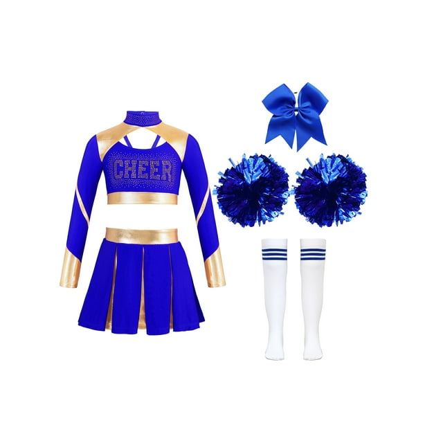 Oyolan Costume de Cheerleading pour Filles Ensemble Deux Pièces Uniforme de Chef de Cheerleading de Lycée avec Bas 2 Pompons Bleu 10