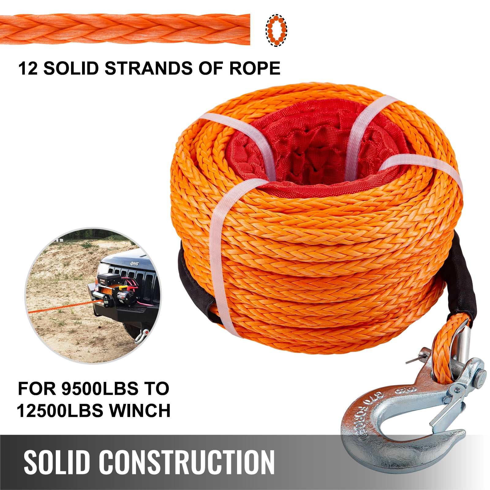 VEVOR Synthetic Winch Rope, 3/8 Inch x 100 Feet 26,500 lbs Synthetic Winch  Line Cable Rope with Protective Sleeve + Forged Winch Hook + Pull Strap,  Universal Fit for SUV, Large Off-Road