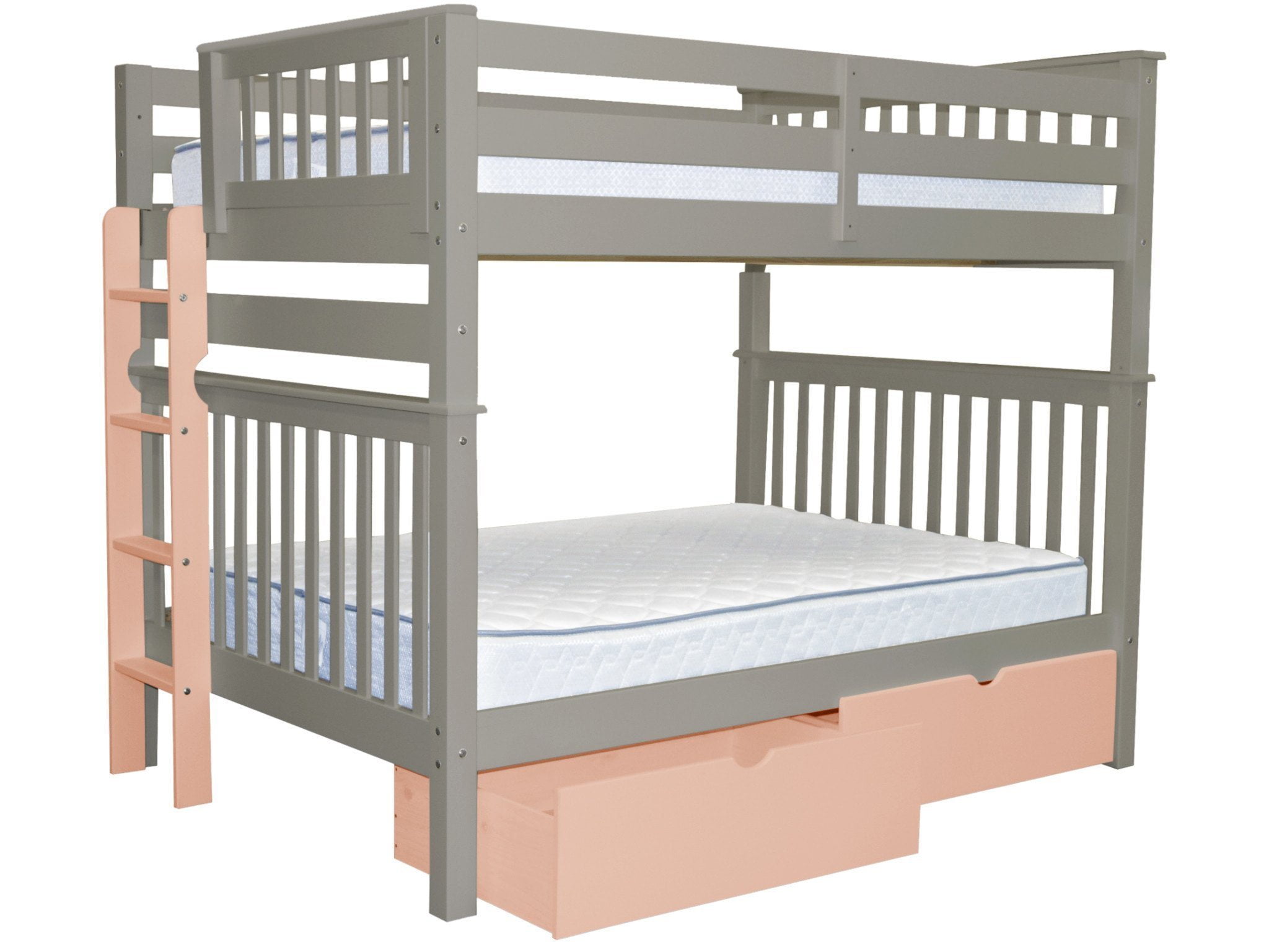 Bedz King Bunk Beds Full over Full Mission Style with a Pink End Ladder and 2 Pink Under Bed