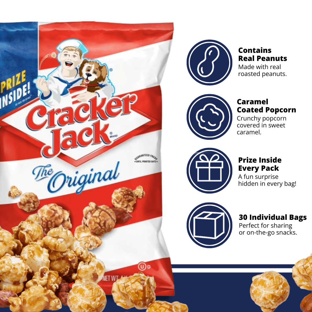 Sweet and Salty Popcorn Individual Bags, 30 Count Bulk Pack- Classic Caramel Coated Popcorn & Peanuts, On-the-Go Snack by Crackerr Jack