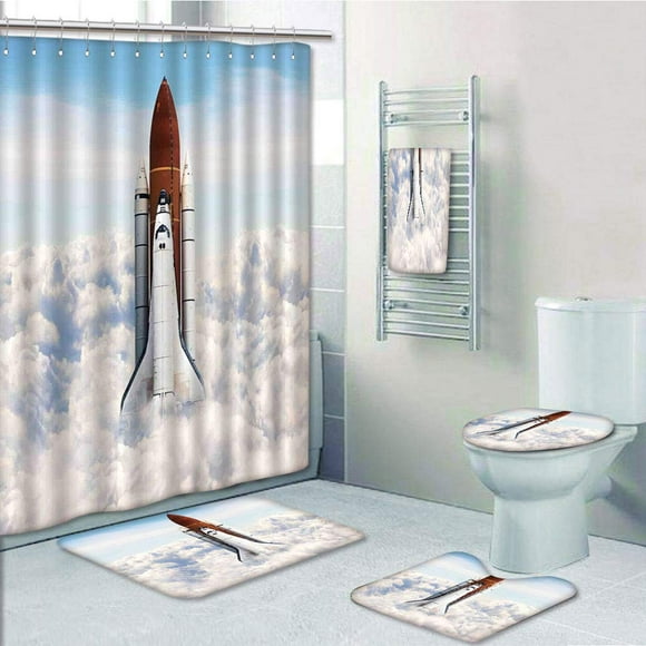 EREHome Rocket Taking Off on Mission Spaceman Planet Gazing Endeavour Power Fire 5 Piece Bathroom Set Shower Curtain Bath Towel Bath Rug Contour Mat and Toilet Lid Cover