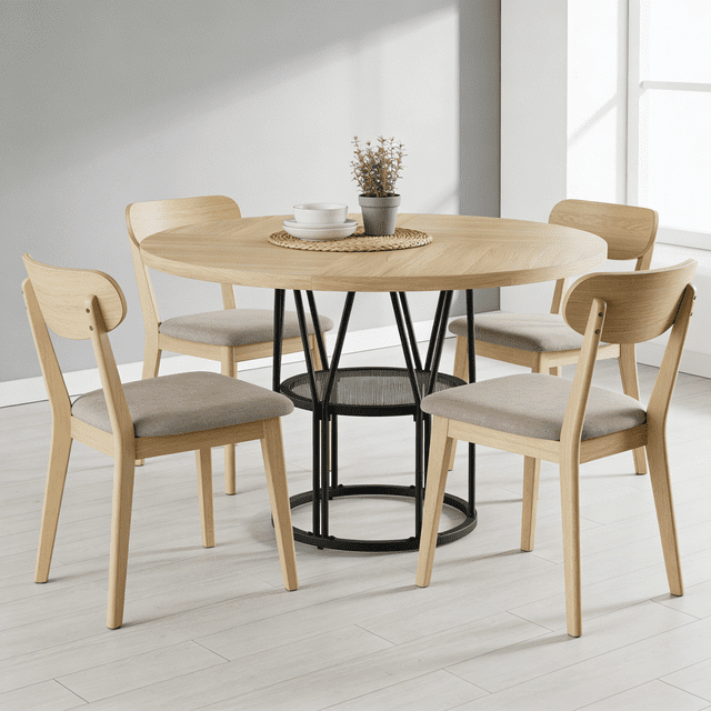 Garvee 47 Inch Round Dining Table for 4-6 People with Storage Shelf, Kitchen Table & Office Desk, Sturdy Metal Frame for Small Space, Natura
