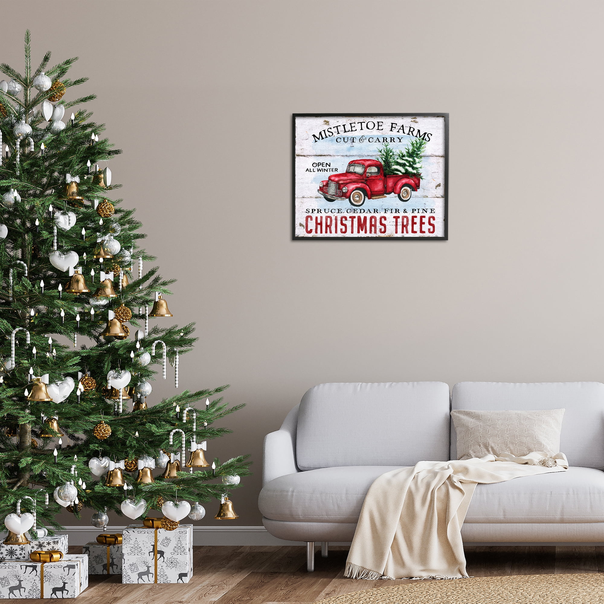 Stupell Industries Mistletoe Farm Trees Holiday Painting Black Framed Art Prints Wall Art, 30 x 24