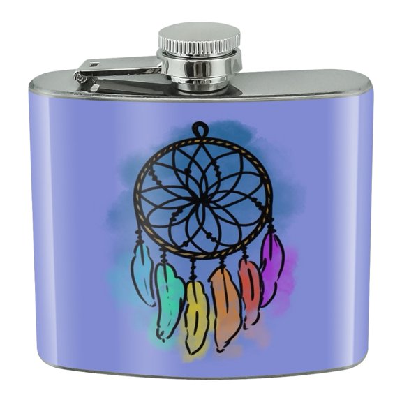 Dream Catcher with Rainbow Feathers Watercolor Sketch Stainless Steel 5oz Hip Drink Kidney Flask