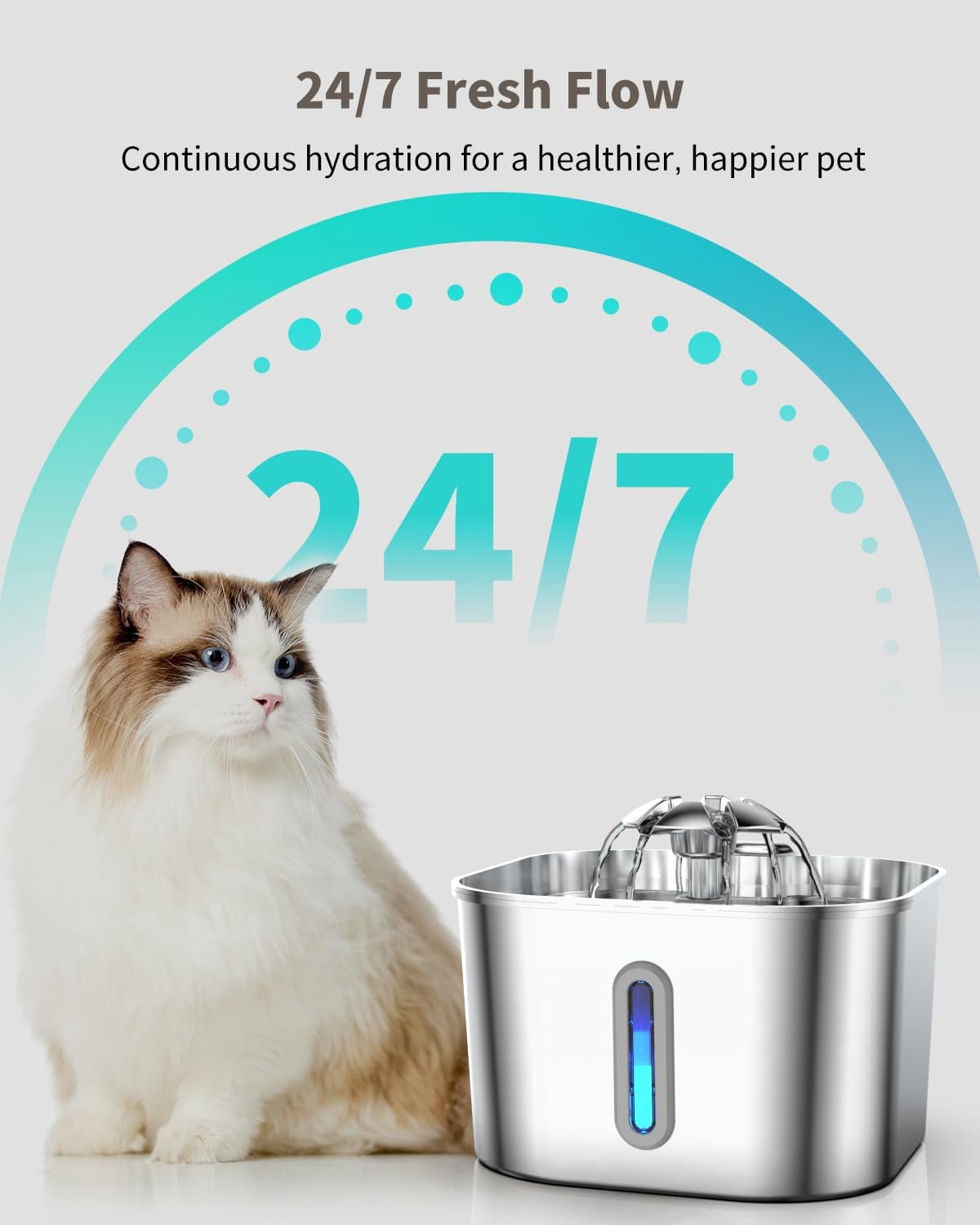 Automatic Quiet Pump Stainless Steel Pet Fountain with Filters and Sponges, 2.2L Capacity for Multi-Cat and Dog Homes