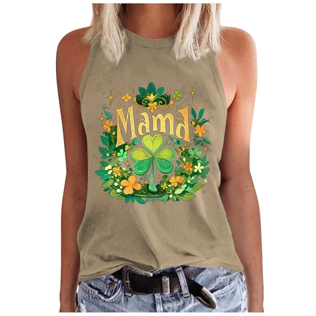 Débardeur pour Femmes, Chandails d'Été Tendance, Coupe Ample, Mode, Col Rond, Sans Manches, Imprimé, Décontracté, Basique, T-Shirts Graphiques, Y2K, Vacances, Camisole Débardeur, Kaki, M