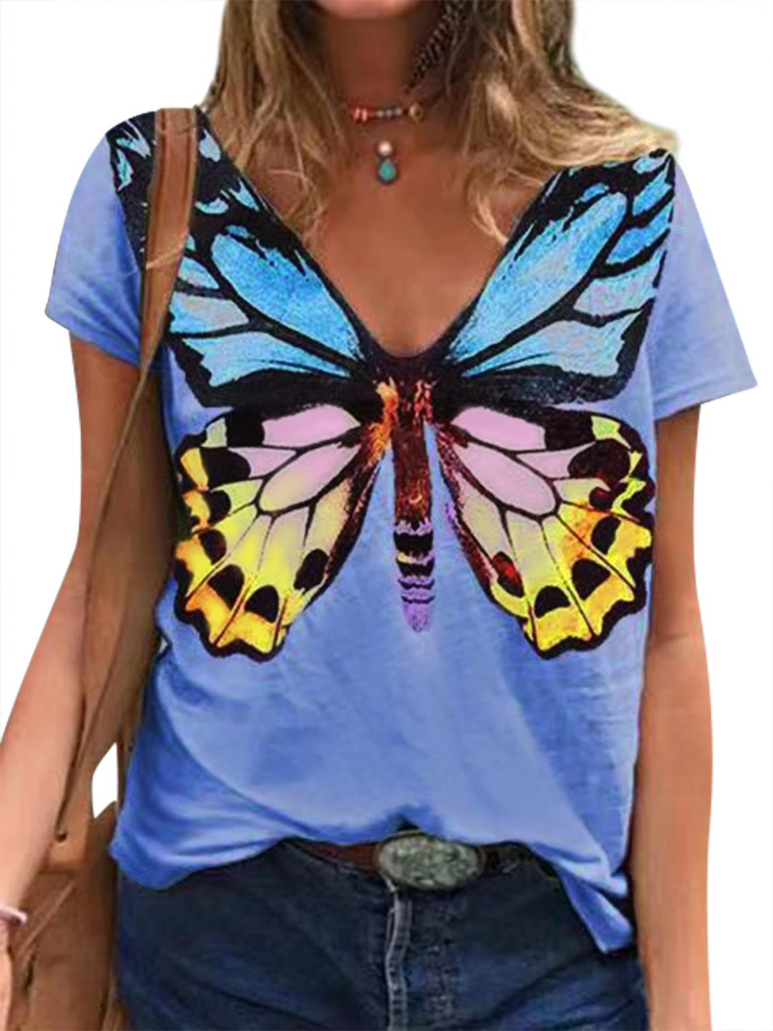TWZH Women Butterfly Graphic Print V Neck Short Sleeve Casual T-Shirt ...
