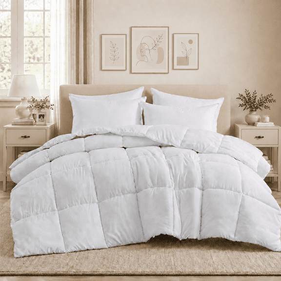 Unikome All Season Down Alternative Comforter, Lightweight Duvet Insert with Quilted Box Stitching, 8 Corner & Side Loops, Machine Washable, Queen 88" x 92", White