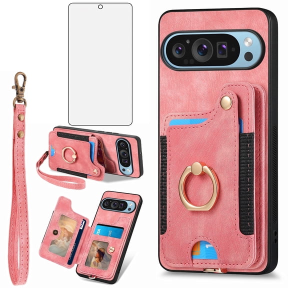 Asuwish Phone Case for Google Pixel 9/9 Pro 5G Wallet Cell Cover with Tempered Glass Screen Protector Slim Lanyard Wrist Strap RFID Ring Stand Credit Card Holder Slot Pixel9 9Pro Nine Women Men Pink