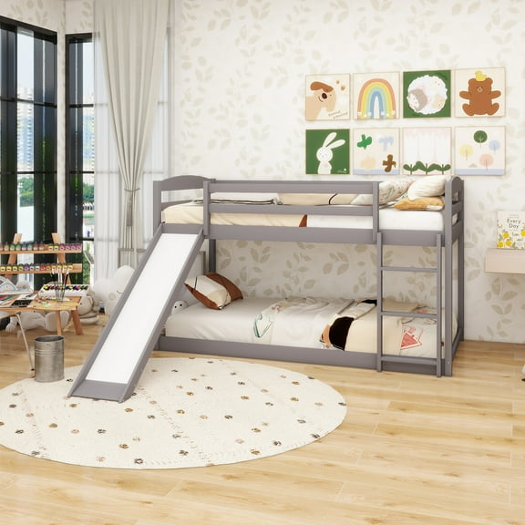 Twin over Twin Bunk Bed with Convertible Slide and Ladder , Gray