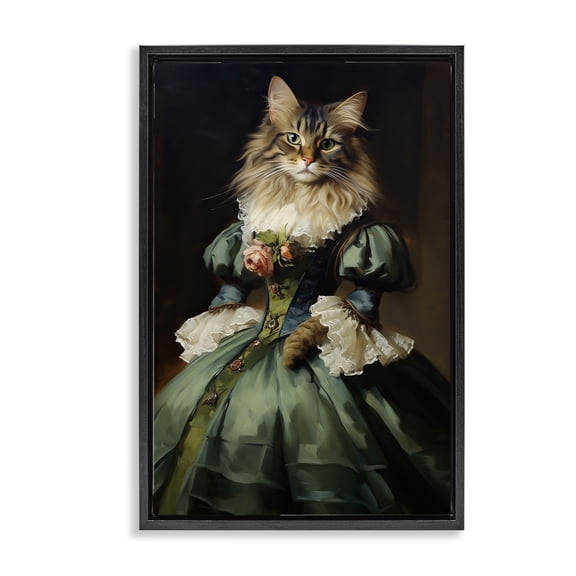 Stupell Industries Cat in Elegant Dress Animals Painting Black Floater Framed Canvas Art Print Wall Art, 17 x 25