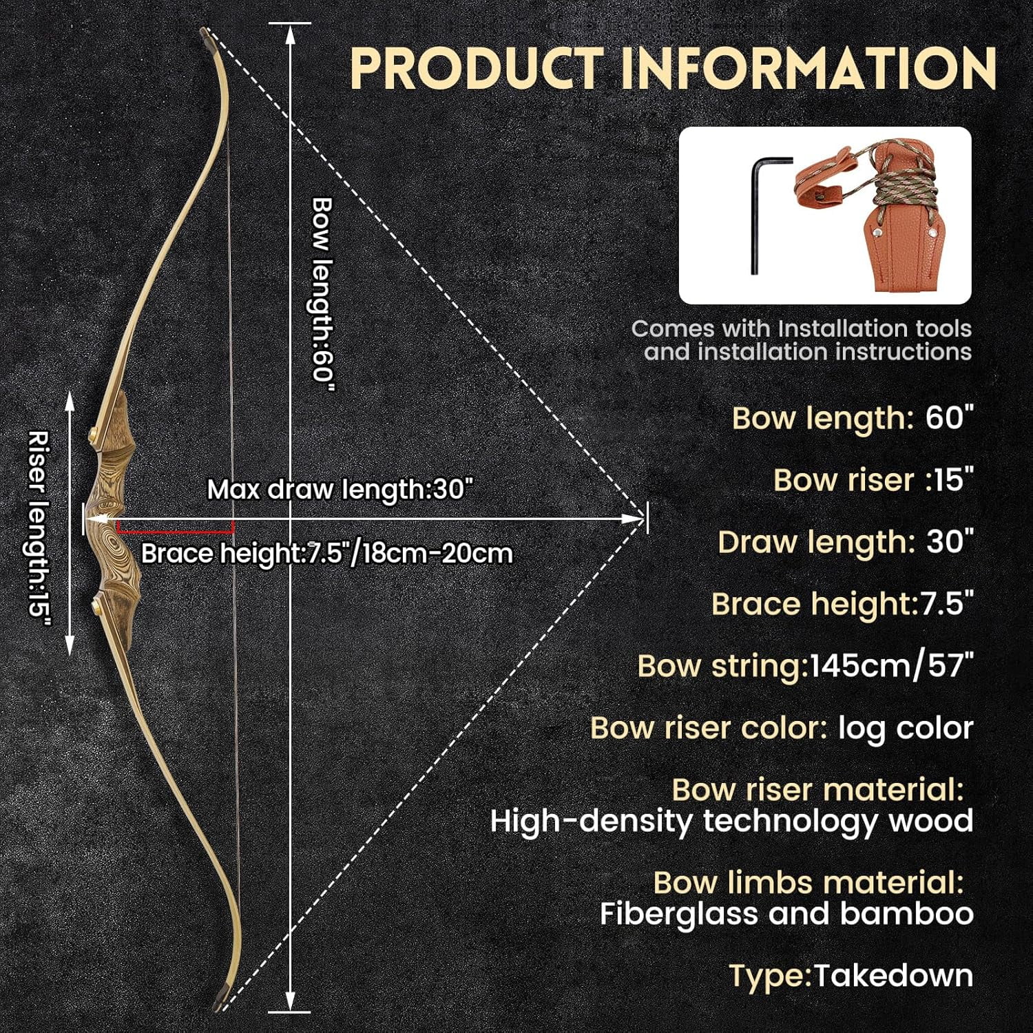 Black Hunter Bow 60 Inch Archery Takedown Recurve Bow 20-60 Lbs Right Hand Hunting Bow with Stringer Tool Wooden Riser Archery Bow Set for Adults Shooting Practice