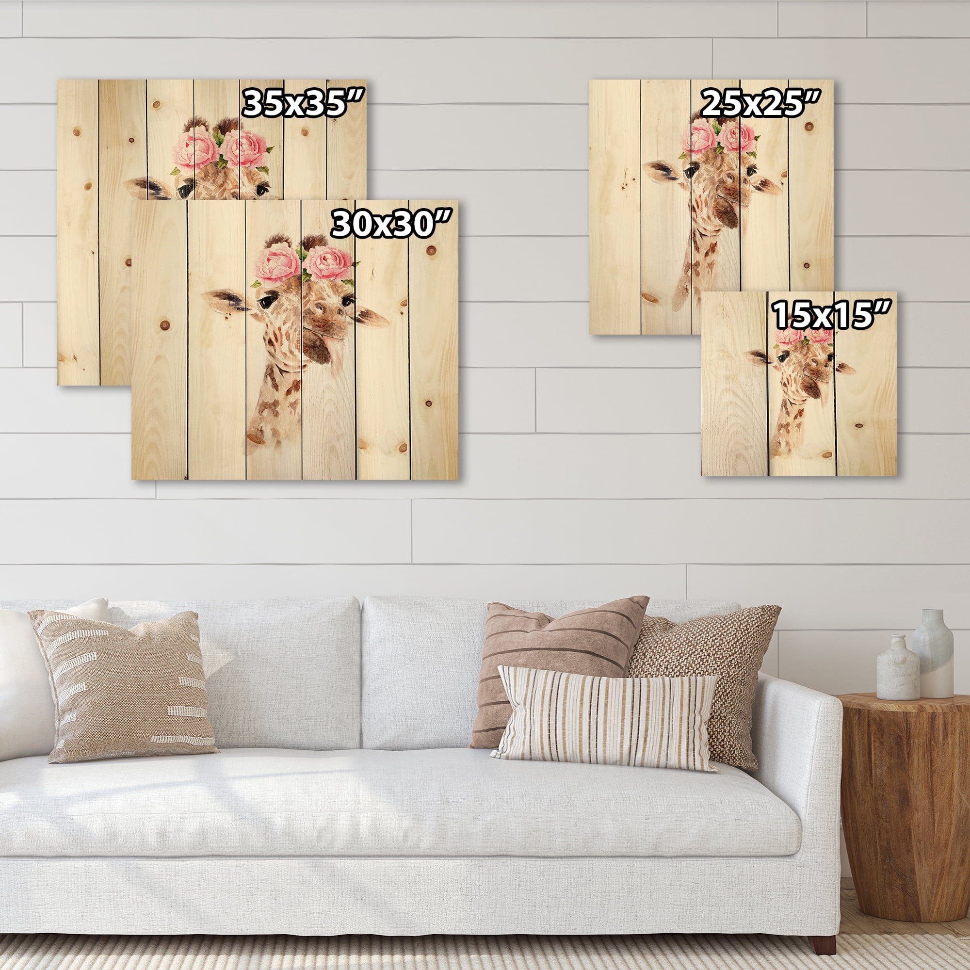 Designart 'Portrait of A Giraffe With Pink Flowers' Farmhouse Print on Natural Pine Wood