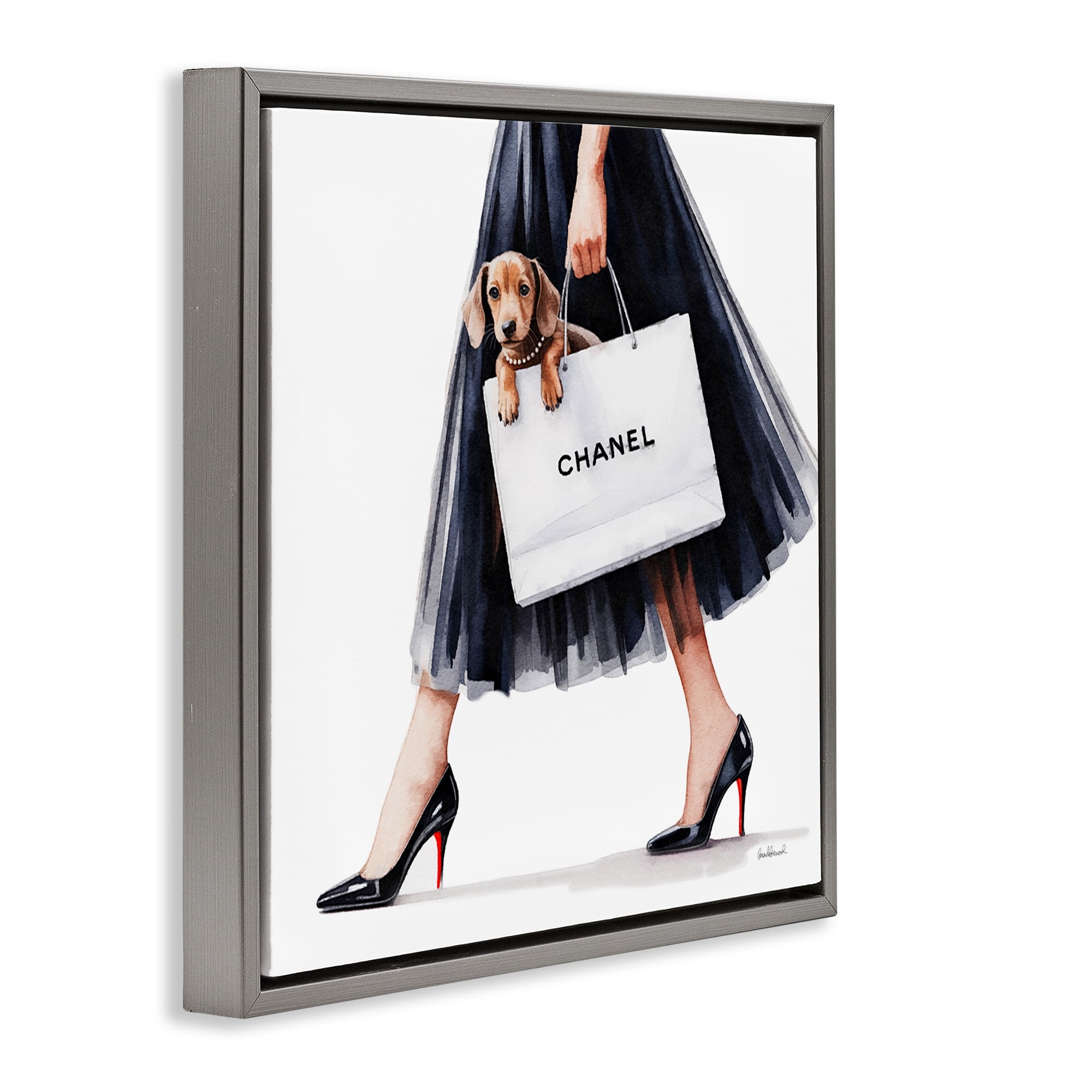 Stupell Industries Elegant Dog & Shopping Bag Gray Framed Floater Canvas Wall Art, design by Amanda Greenwood