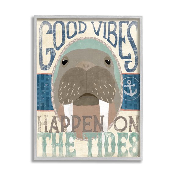 Stupell Industries Good Vibes Happen On Tides Nautical Phrase Walrus, 16 x 20, Design by Veronique Charron
