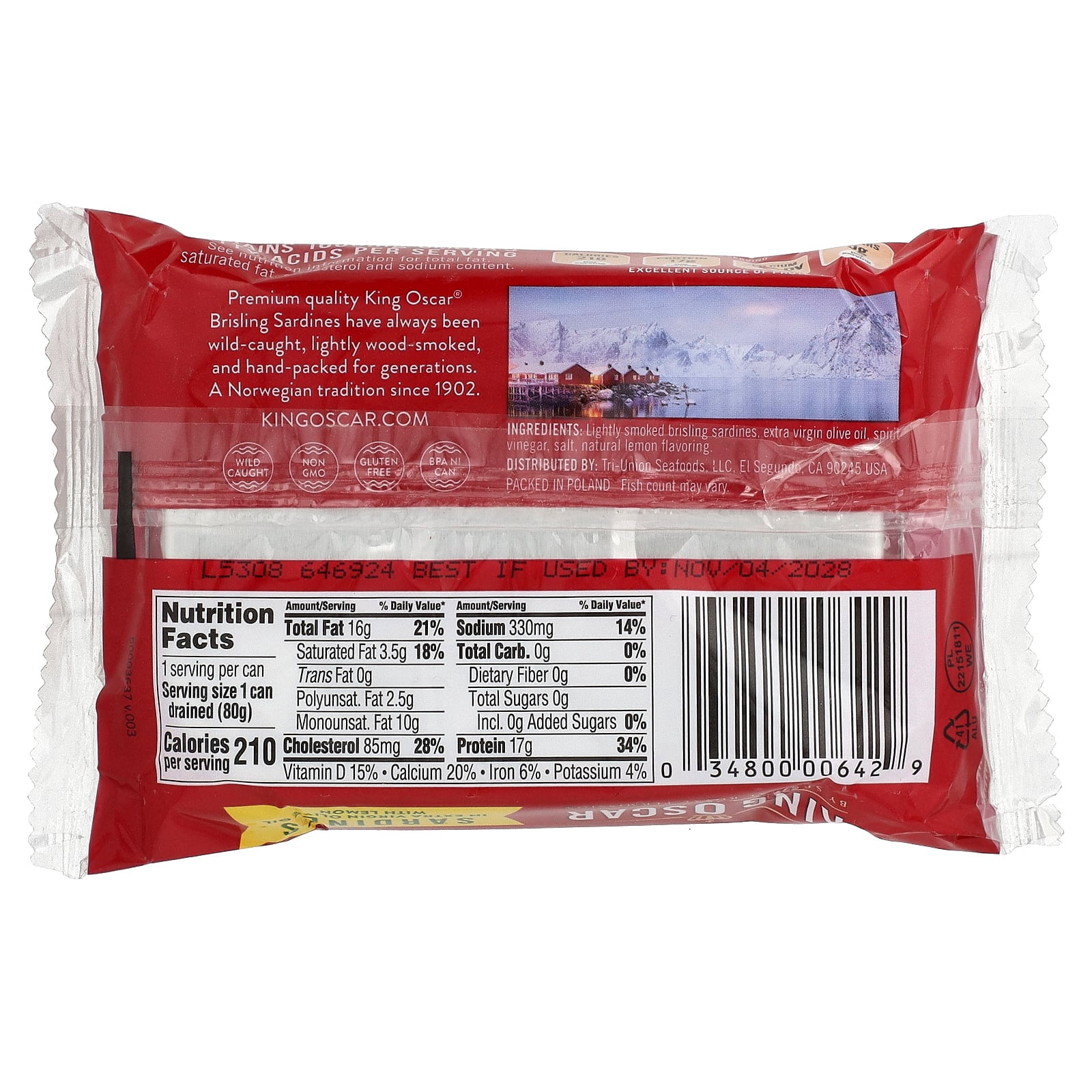 King Oscar Wild Caught Sardines in Extra Virgin Olive Oil with Lemon 3.75 oz