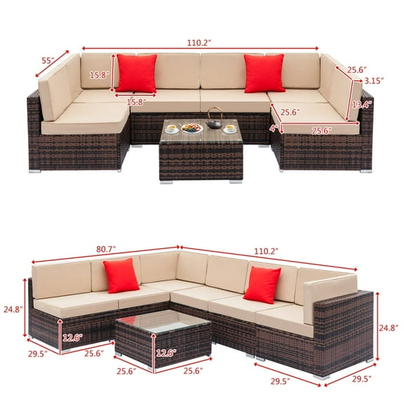 Brown Wicker Patio Furniture Sets, 2022 Upgrade 7-Piece Wicker Conversation Set w/2 Corner Sofa, Tempered Glass Table, 4 Single Sofa, 12 Padded Cushions, 2 Pillows, Beige, S116