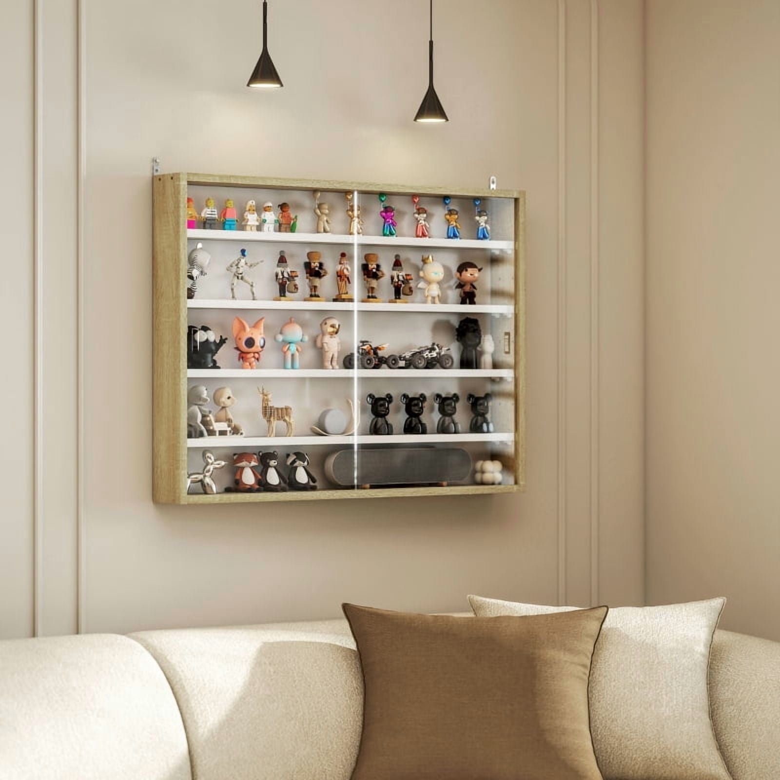 Alvantor 5-Tier Wall Display Storage Cabinet with Glass Doors & Adjustable Shelves 23.6"x31.5"x3.7" Natural
