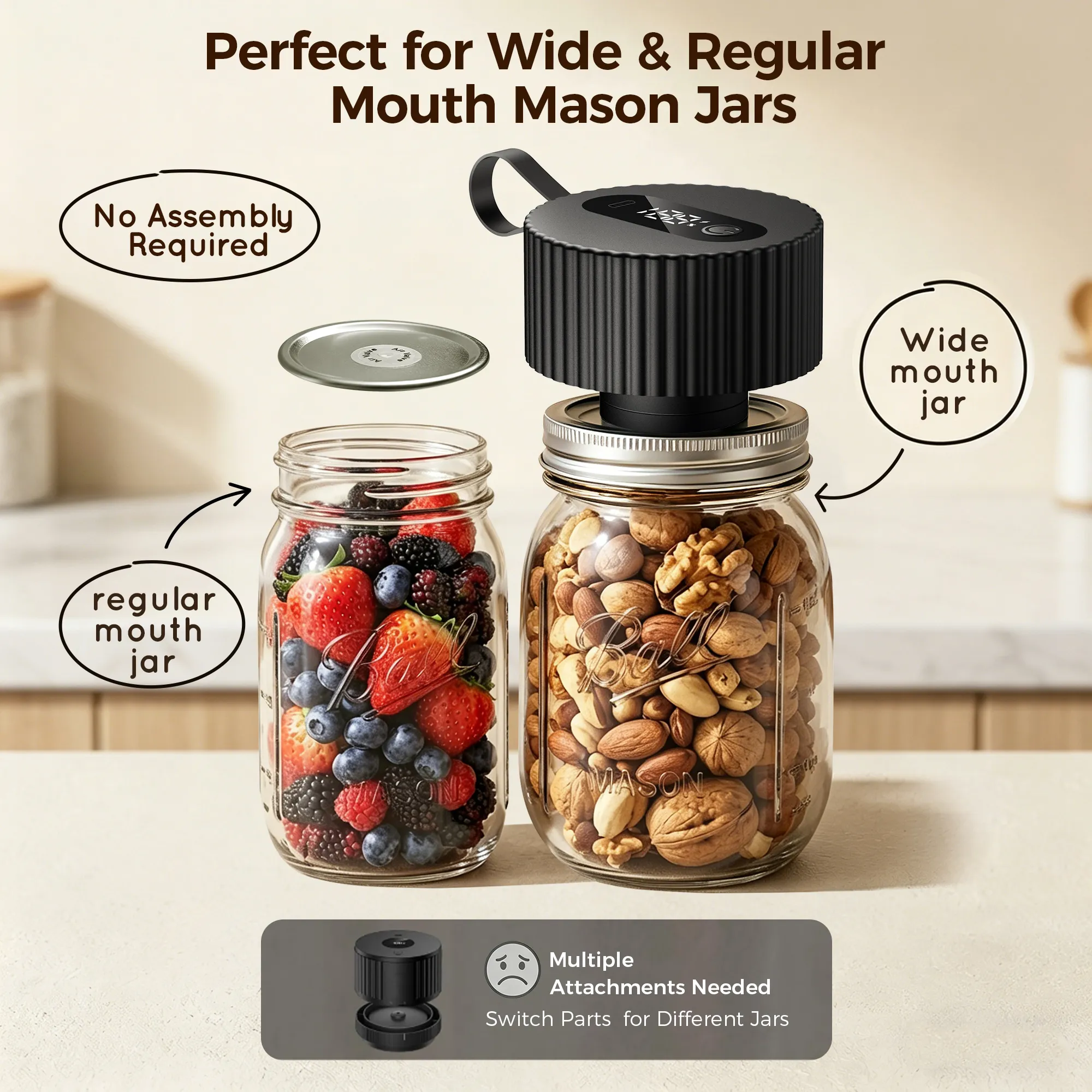Daiopo Electric Mason Jar Vacuum Sealer Kit, with 20 Lids, Portable Cordless Auto-Sealer for Wide & Regular Mouth Jars, LED Display