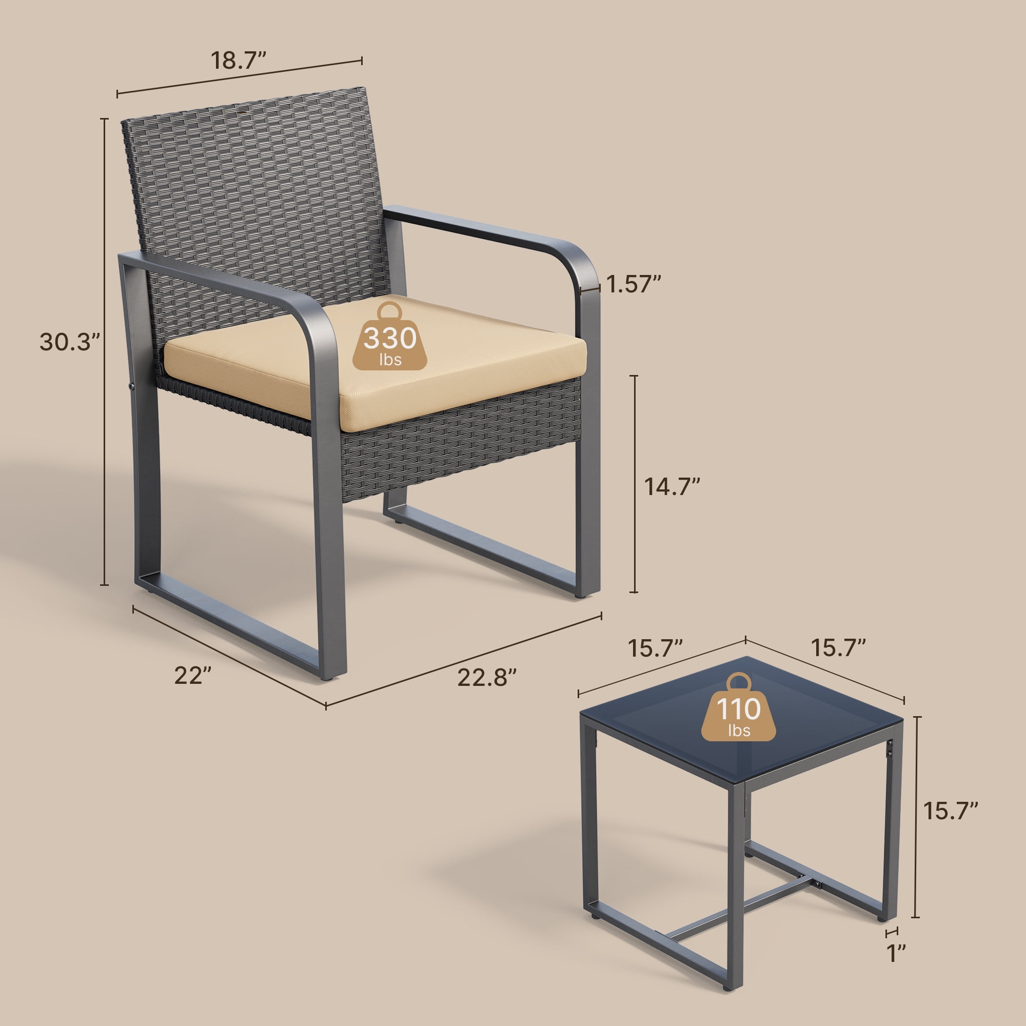 Lofka Patio Table and Chairs Set, Rattan Outdoor Furniture Set for Backyard & Porch, Beige Cushion