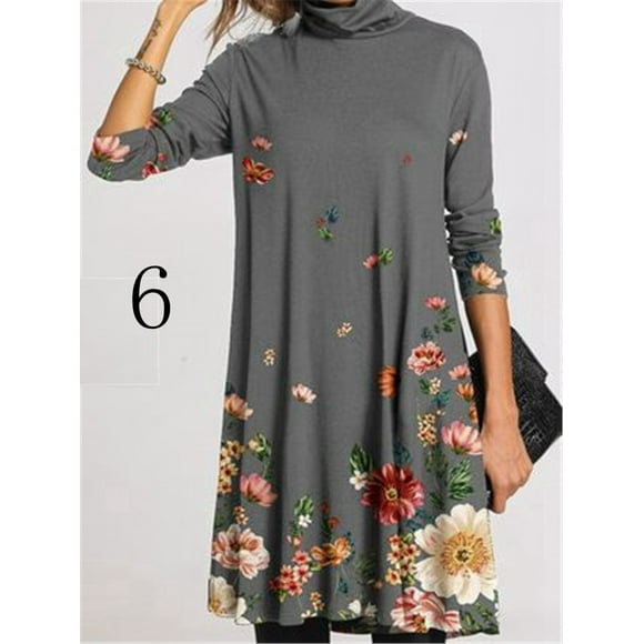Women's Casual Long Sleeve Turtleneck Dress Multicolor Printed Loose Swing Dress