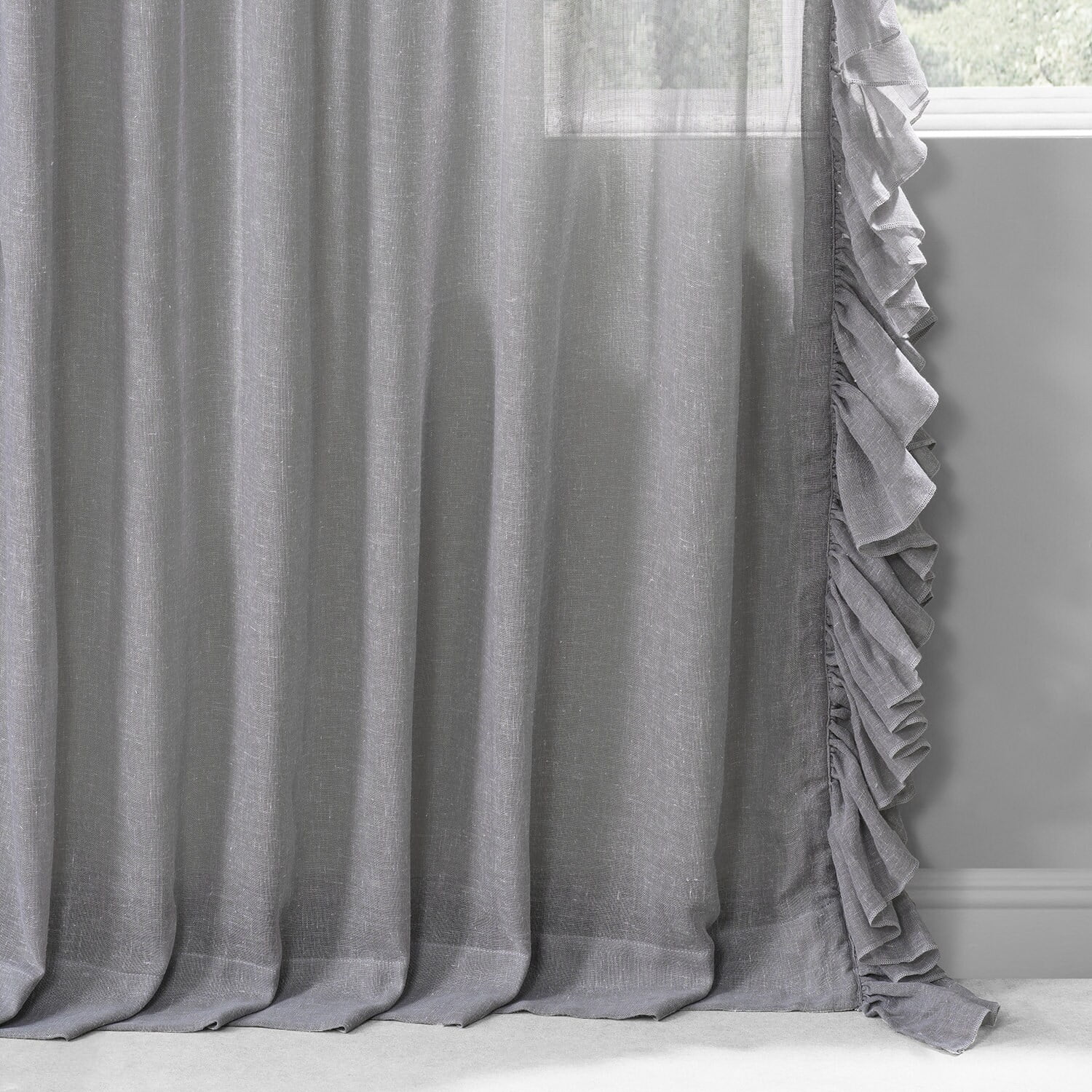 Nickel Faux Linen Ruffle Sheer Curtain (1 Panel), Nickel, 50W X 84L