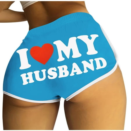 Lovskoo I Love My Husband Booty Shorts for Women Letter Printed Yoga Sport Workout Hot Pants Elastic Waist Athletic Lounge Shorts Sky Blue