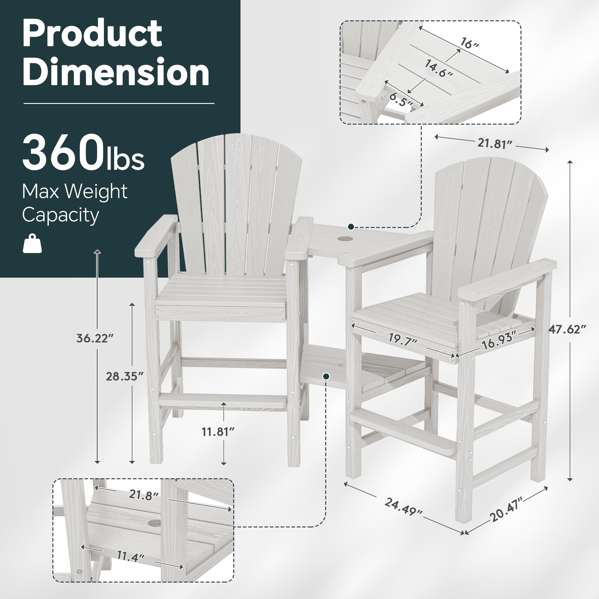 SERWALL Tall Adirondack Chairs Set of 4 with Double Layer Connecting Tray, HDPE Bar Height Outdoor Chairs, for Patio, Balcony, Porch, Pool, White