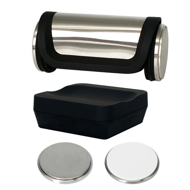 kit afilador de cuchillos giratorio sistema de afilado de cuchillos de metal con imán TFixol, afilador cilíndrico plateado en metal sobre base negra cuadrada marcada con ángulos (15°/20°), dos discos de molienda visibles (57×57 mm) y dimensiones del afilador 135×100×87 mm, vista frontal centrada; suele usarse también para mantenimiento portátil de hojas pequeñas.