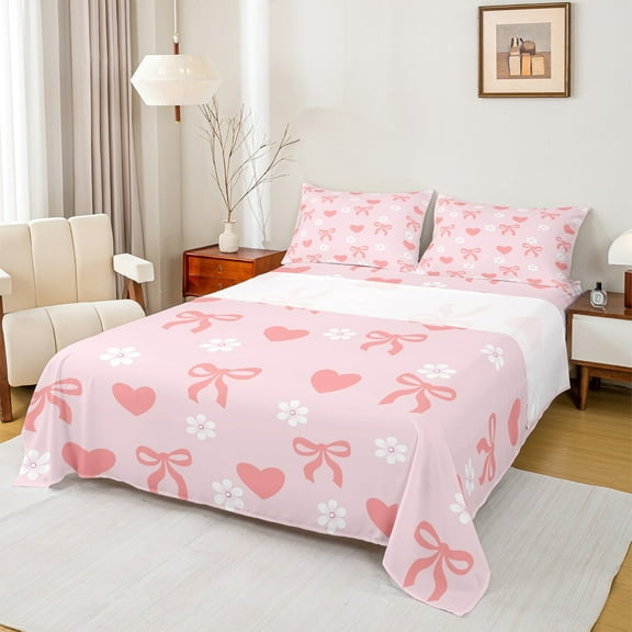 Manfei Girly Pink Bowknot Twin Sheet Sets for Girls, Kawaii Love Heart Twin Fitted Sheet, Cherry Blossoms Flat Sheet, Microfiber Bedroom Decor, 3 Pieces