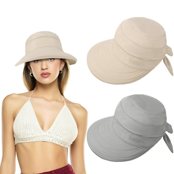 Bocaoying 2 Pcs Women Sun Hat for Head Circumference 22.04-23.62 in, Zip Off Sun Hat Visor, Wide Brim Sun Hat Ponytail, Convertible Zip-Off Beach Hat Visor for Outdoor UV Protection
